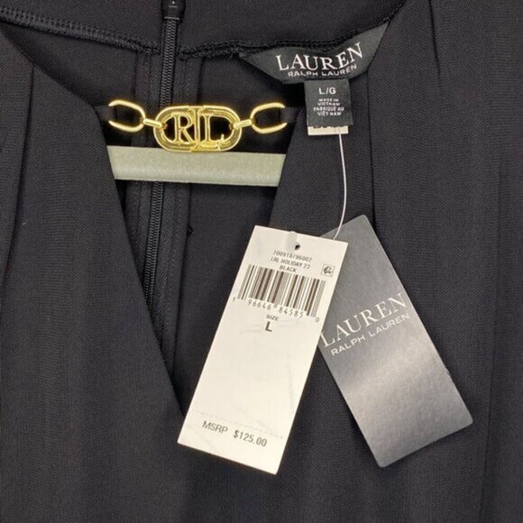 NWT Lauren Ralph Lauren Black with Gold Logo Bishop Sleeve Top Women's Size L - Picture 3 of 7